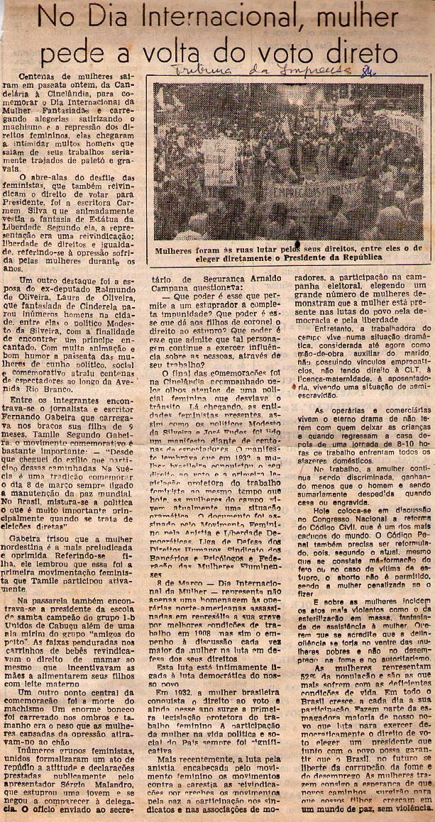 1984 - Tribuna da Imprensa. No Dia Internacional, mulher pede a volta do voto direto.