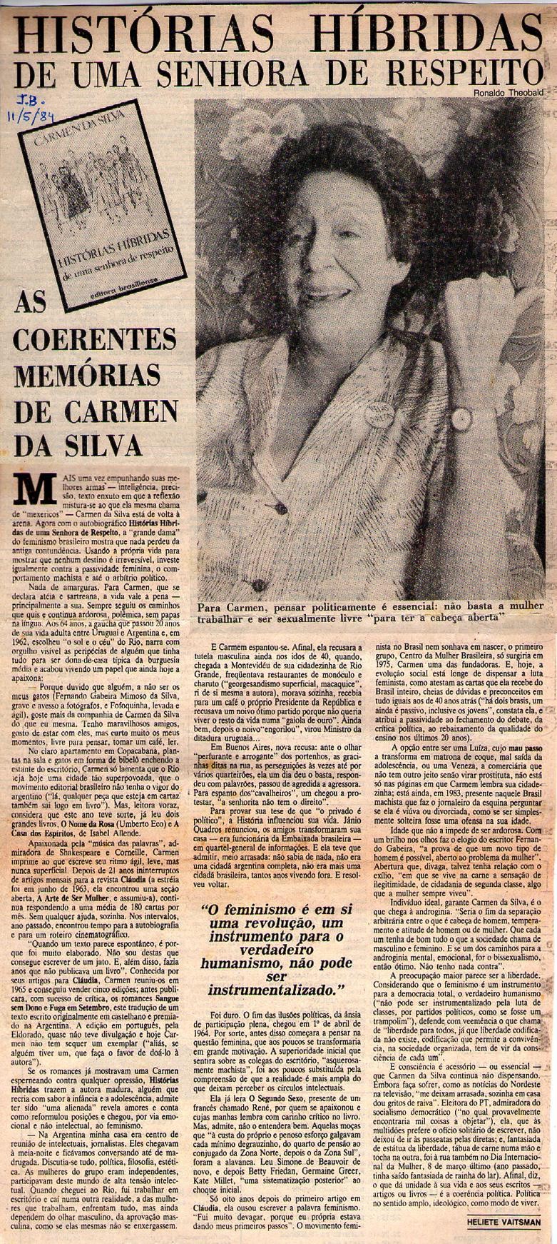 11 de Maio de 1984 - Jornal do Brasil. Histórias híbridas de uma senhora de respeito.