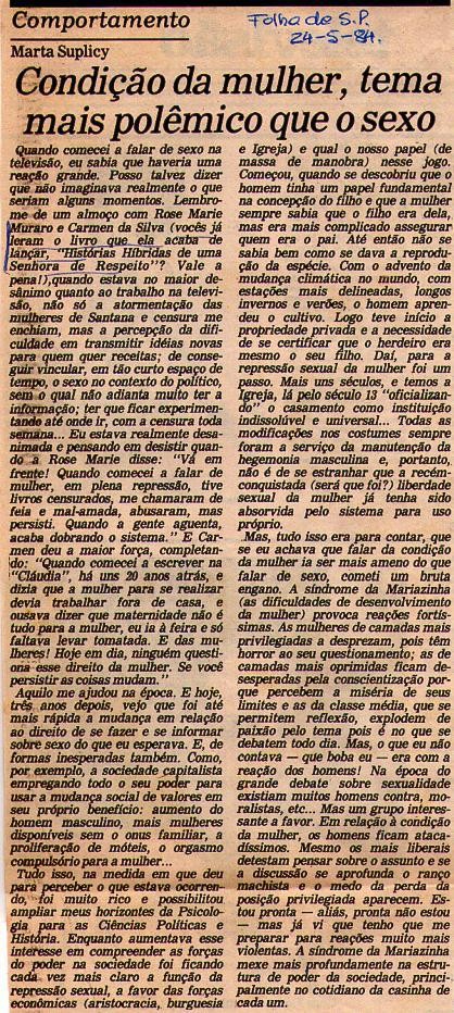 24 de Maio de 1984 - Folha de São Paulo. Condição da mulher, tema mais polêmico que o sexo.