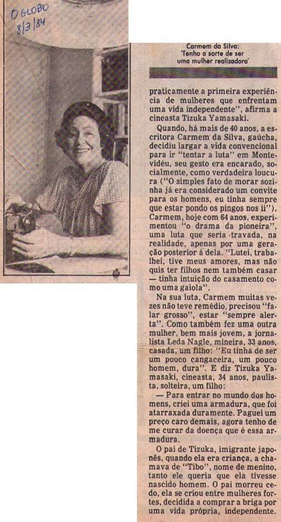 08 de Março de 1984 - O Globo. Carmem da Silva: 'Tenha a sorte de ser uma mulher realizadora'.
