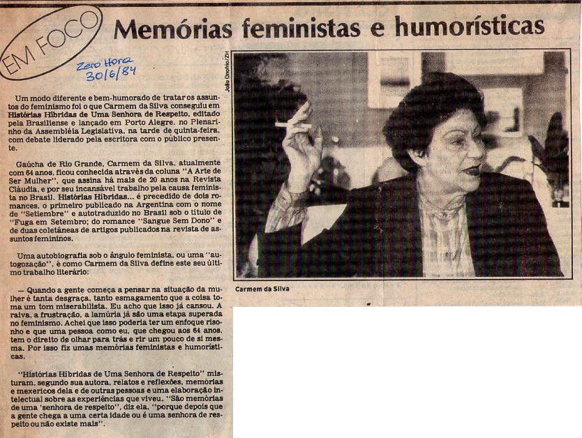 30 de Junho de 1984 - Zero Hora. Memórias feministas e humor?sticas.