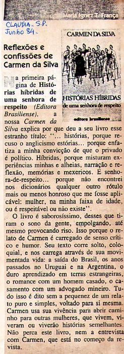 Junho de 1984 - Cláudia. Reflexões e confissões de Carmen da Silva.