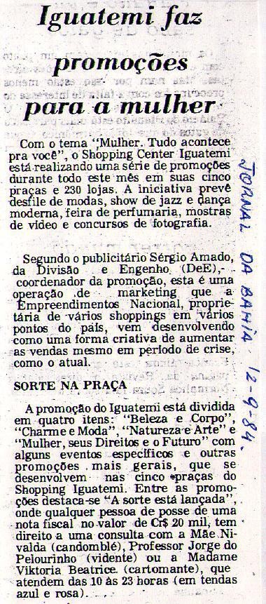 12 de Setembro de 1984 - Jornal da Bahia. Iguatemi faz promoções para a mulher.