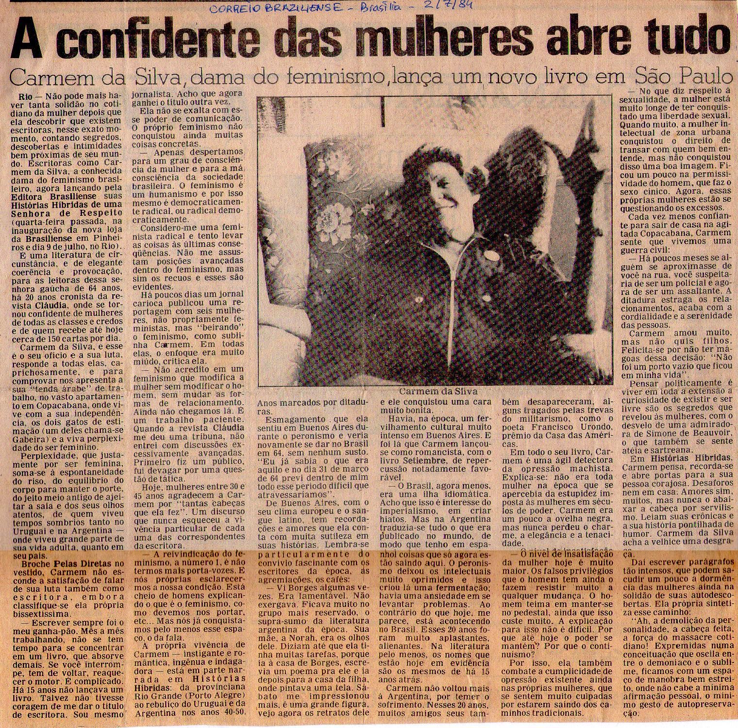 02 de Julho de 1984 - Correio Brasiliense. A confidente das mulheres abre tudo.