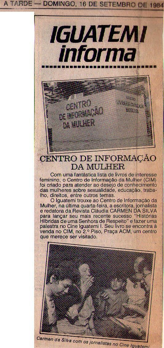 16 de Setembro de 1984 - A Tarde. Centro de Informação da Mulher.