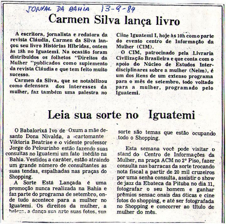 13 de Setembro de 1984 - Jornal da Bahia. Carmen Silva lança livro.