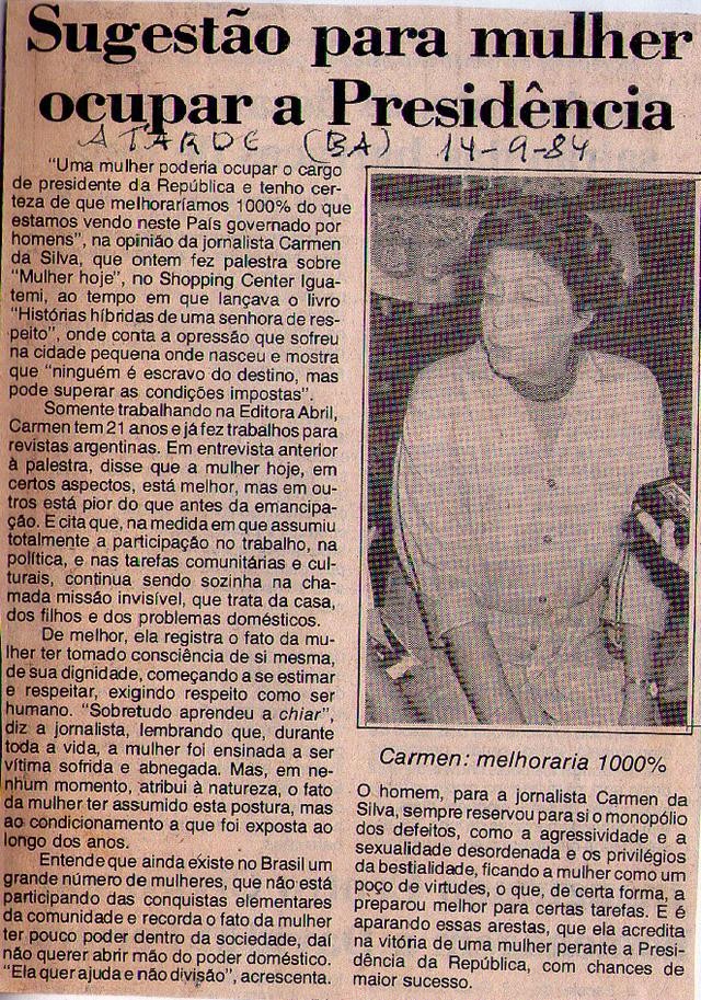 14 de Setembro de 1984 - A Tarde. Sugestão para mulher ocupar a presidência.