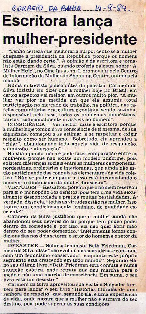 14 de Setembro de 1984 - Correio da Bahia. Escritora lança mulher-presidente.