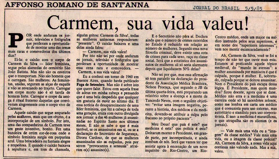 05 de Maio de 1985 - Jornal do Brasil. Carmem, sua vida valeu!
