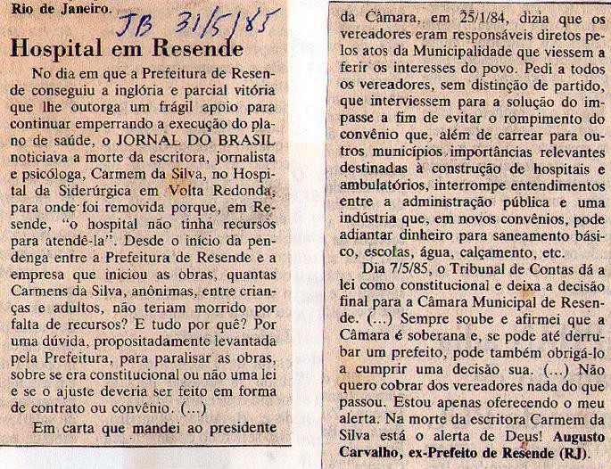 31 de Maio de 1985 - Jornal do Brasil. Hospital em Resende.