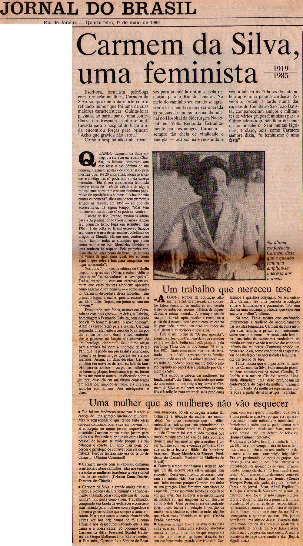 01 de Maio de 1985 - Jornal do Brasil. Carmem da Silva, uma feminista.