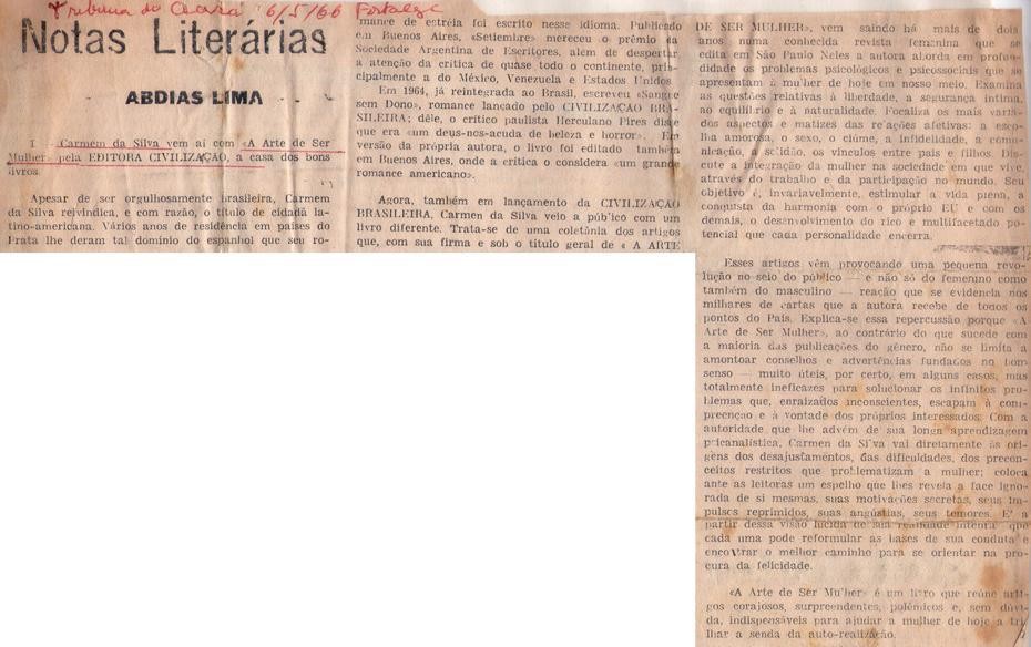 06 de Maio de 1966 - Tribuna do Ceará. Notas Literárias.
