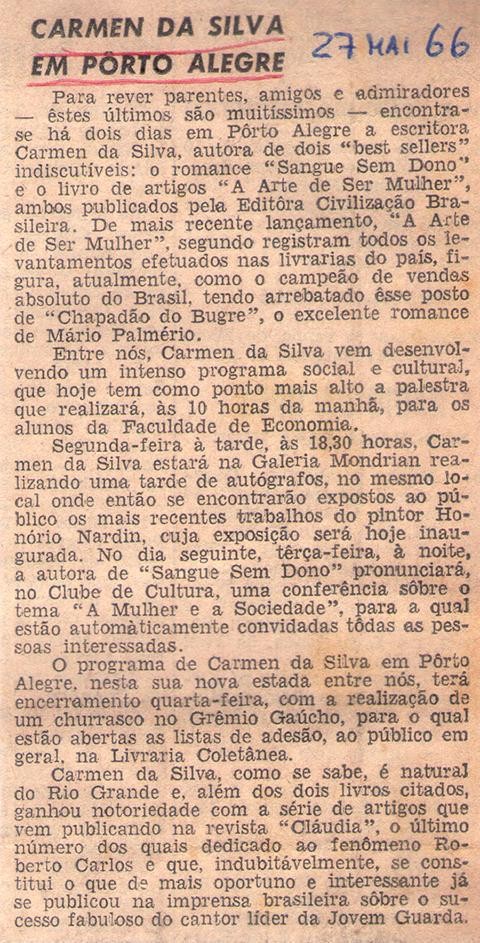 27 de Maio de 1966. Carmen da Silva em Porto Alegre.