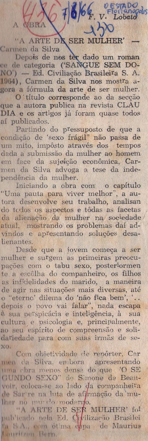 07 de Junho de 1966 - O Estado. A Arte de Ser Mulher - Carmen da Silva.