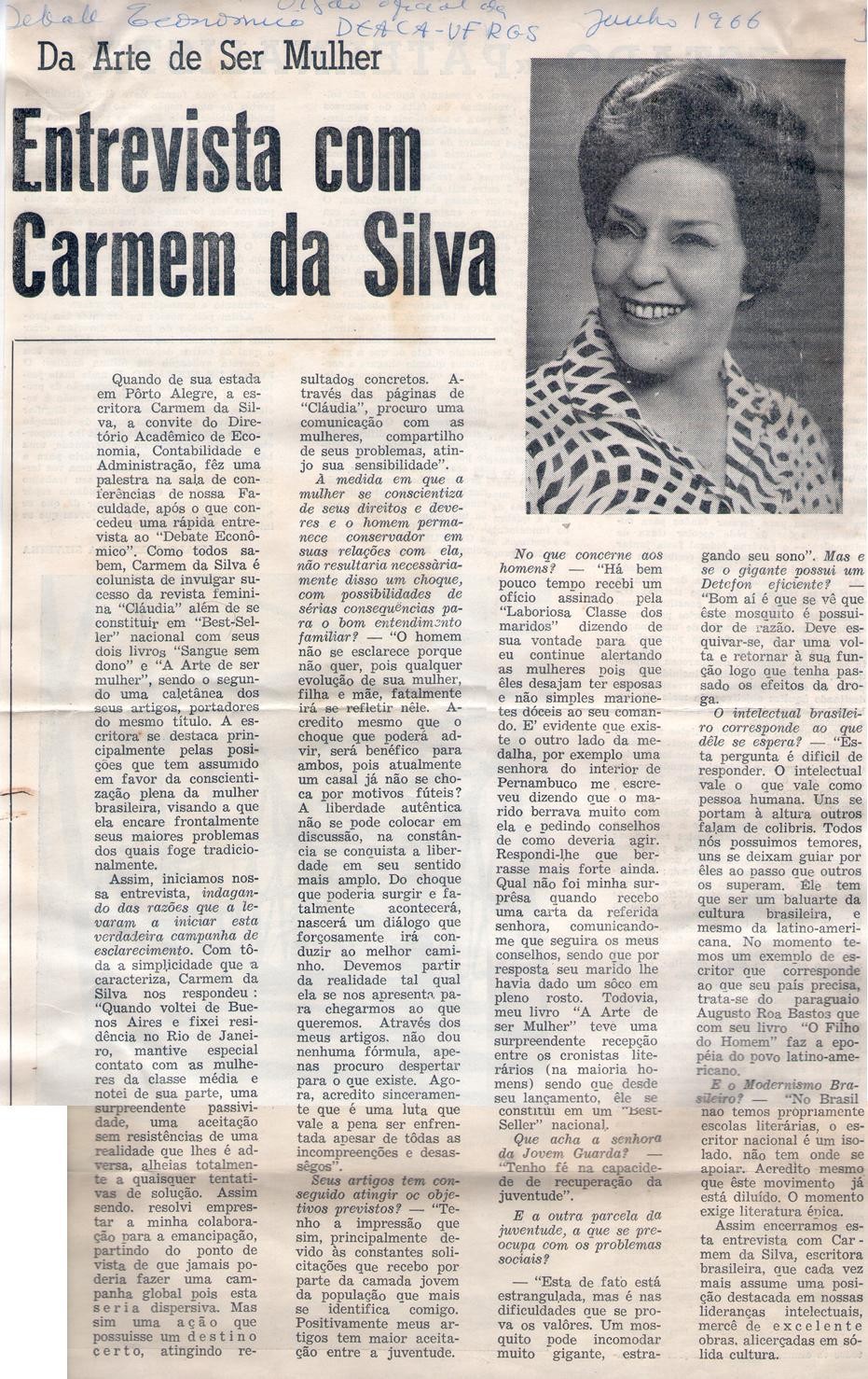 Junho de 1966 - Órgão Oficial de Debate Econômico DEACA-UFRGS. Entrevista com Carmem da Silva.