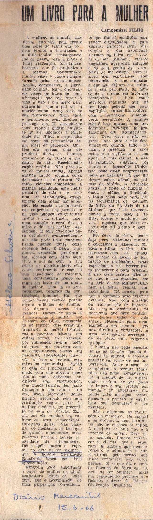 15 de Junho de 1966 - Diário Mercantil. Um livro para a mulher.