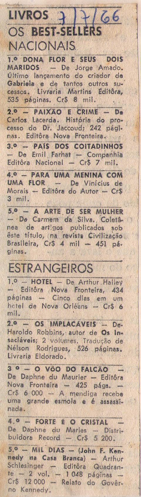 07 de Julho de 1966. Os best-sellers nacionais.