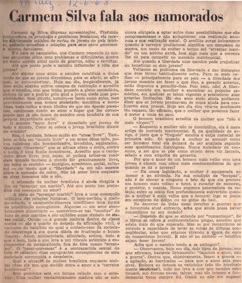 12 de Junho de 1968 - O Paíz. Carmem Silva fala aos namorados.