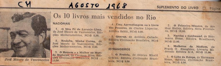 Agosto de 1968 - Correio da manhã. Os 10 livros mais vendidos no Rio.