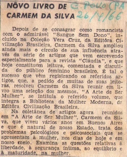 06 de Abril de 1966 - Correio do Povo. Novo livro de Carmen da Silva.