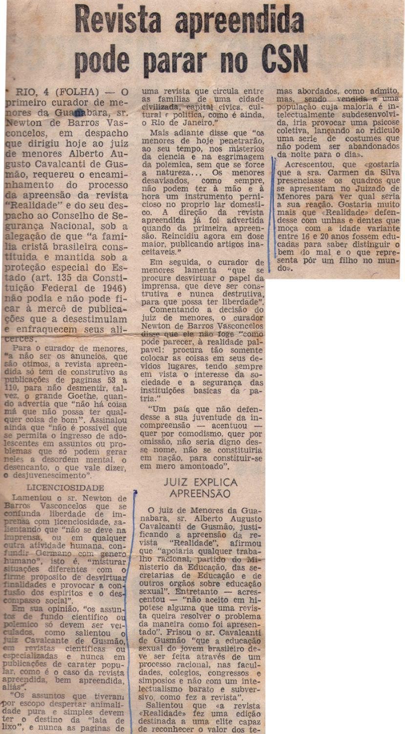 Abril de 1966. Revista apreendida pode parar no CSN.