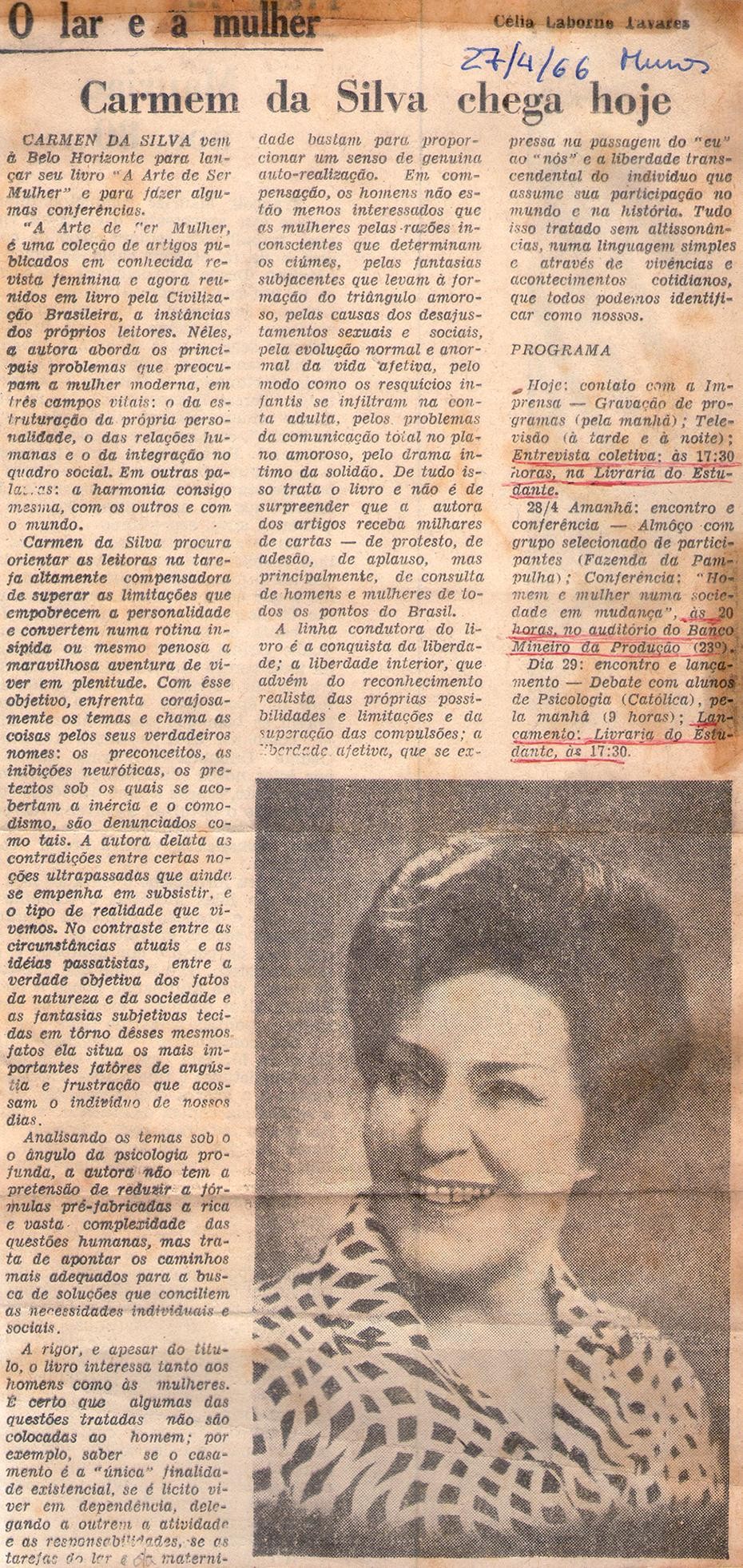 27 de Abrial de 1966 - Diário de Minas. Carmen da Silva chega hoje.