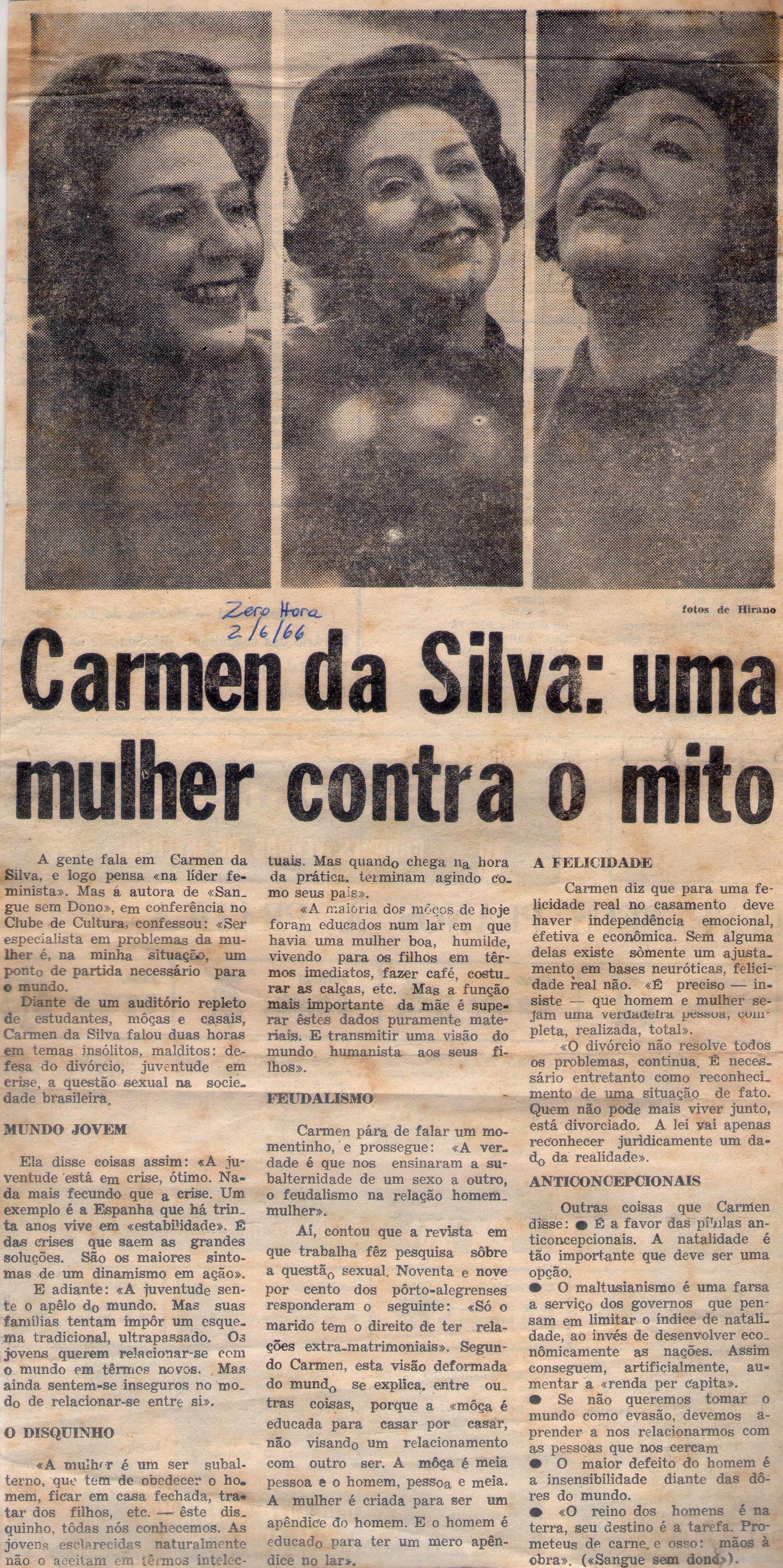 02 de Junho de 1966 - Zero Hora. Carmen da Silva: uma mulher contra o mito.