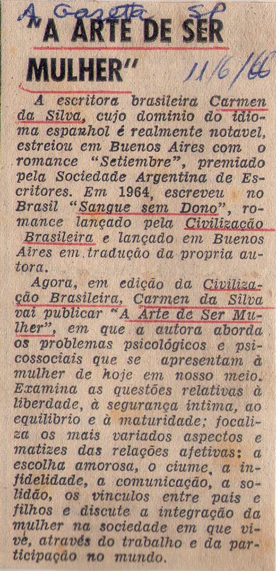 11 de Junho de 1966 - A Gazeta. "A Arte de Ser Mulher".