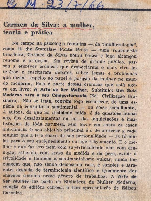 23 de Julho de 1966. Carmen da Silva: a mulher, teoria e prática.