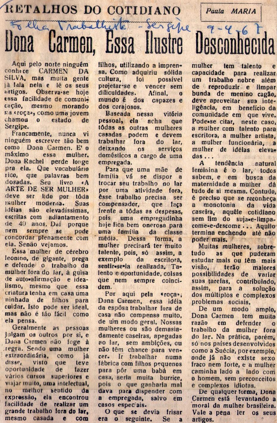 09 de Abril de 1967 - Folha Trabalhista. Dona Carmen, Essa Ilustre Desconhecida.