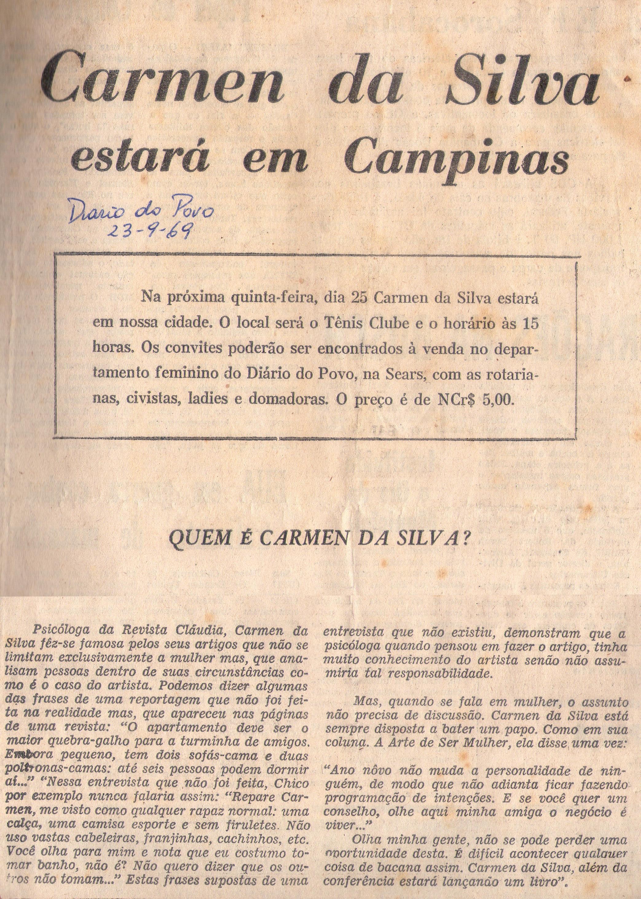 23 de Setembro de 1969 - Diário do Povo. Carmen da Silva estará em Campinas.