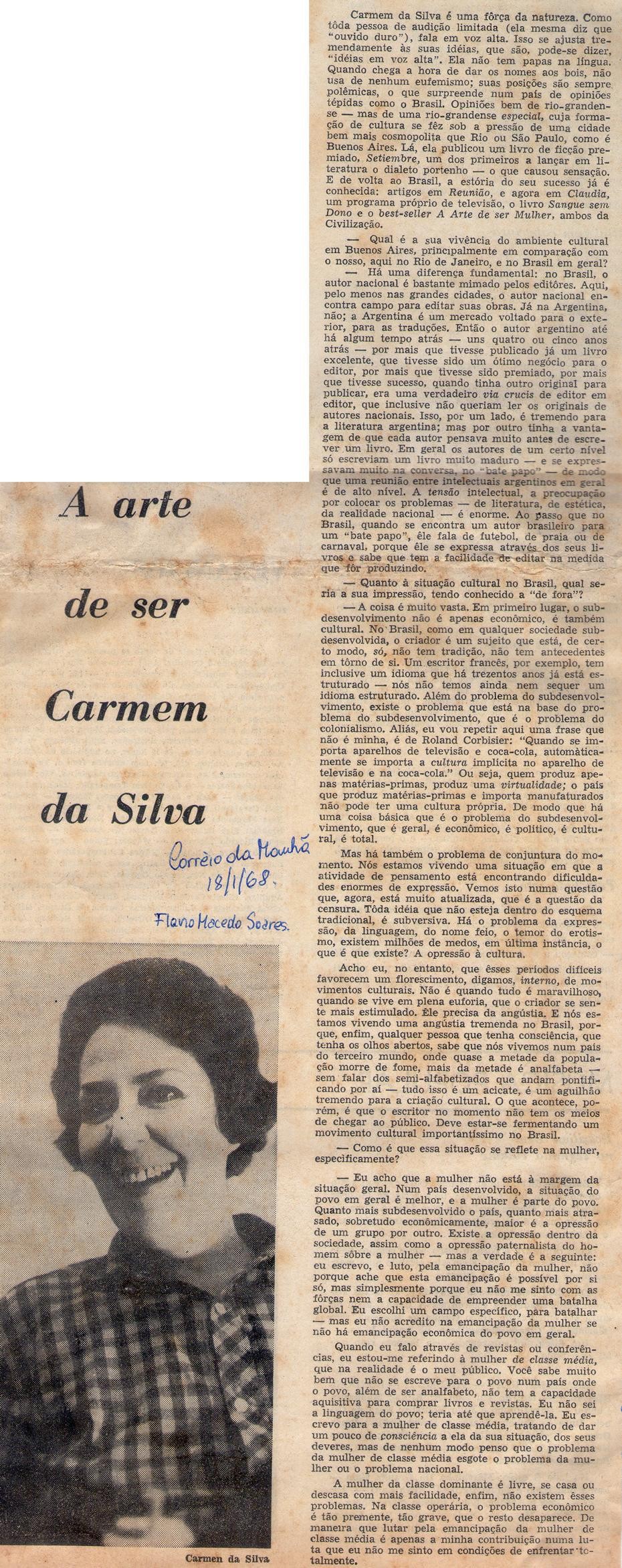18 de Janeiro de 1968 - Correio da Manhã. A arte de ser Carmem da Silva.