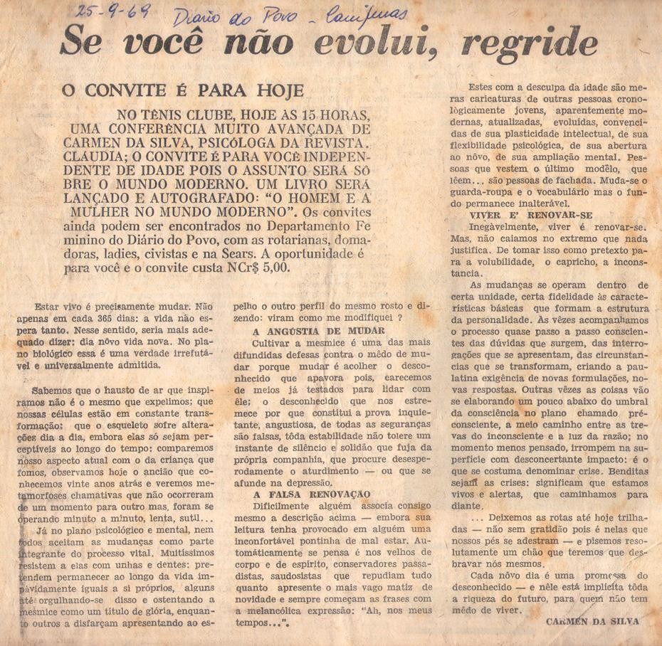 25 de Setembro de 1969 - Diàrio do Povo. Se você não evolui, regride.