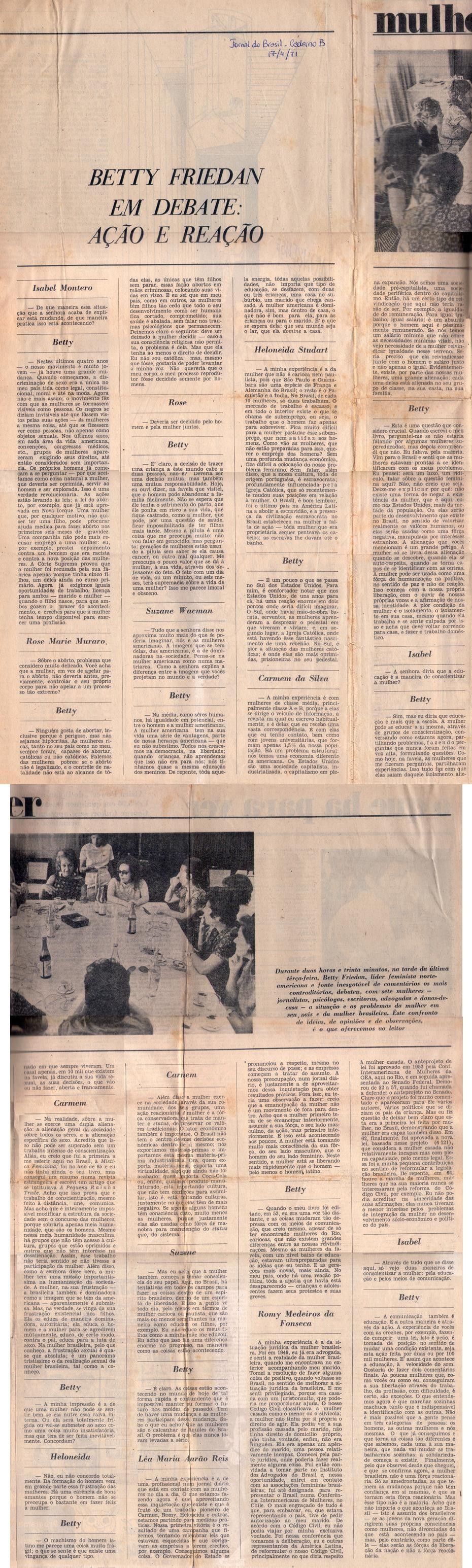 17 de Abril de 1971 - Jornal do Brasil. Betty Friedan em debate: ação e reação.